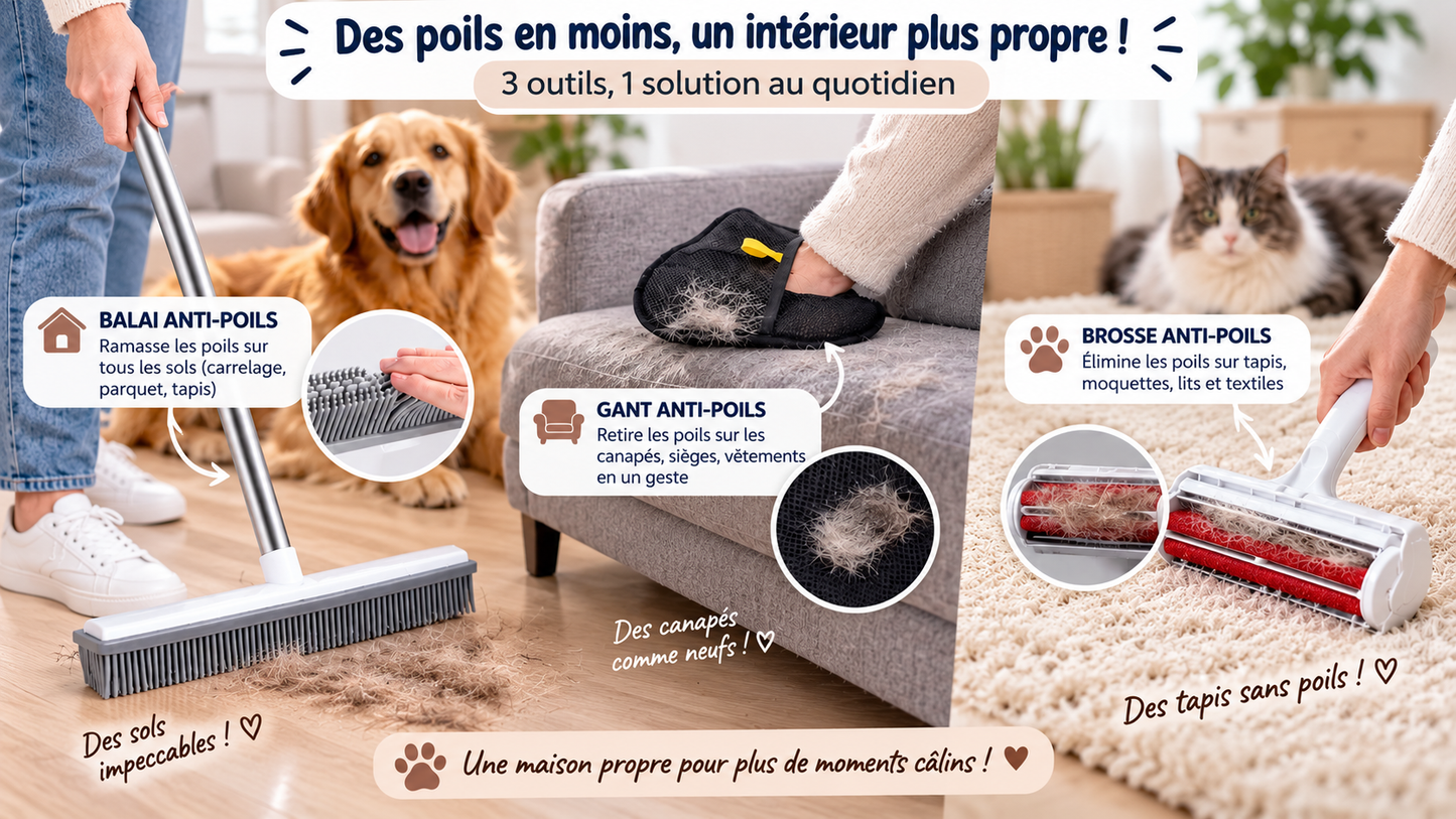 Pack Zéro Poil 3 en 1 — la solution complète anti-poils chien & chat
