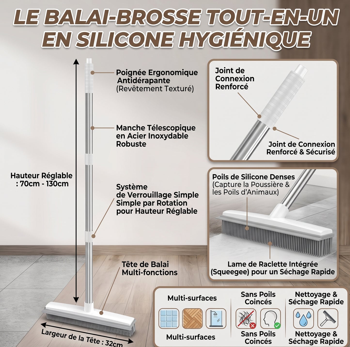 Balai silicone anti-poils 31 cm avec raclette et manche télescopique