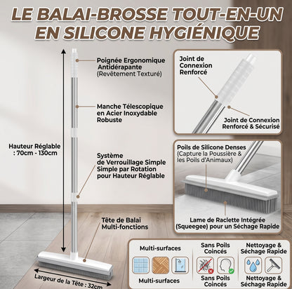Balai silicone anti-poils 31 cm avec raclette et manche télescopique